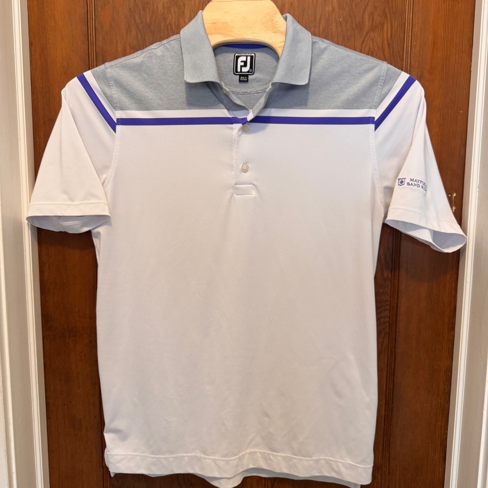 Footjoy‎ FJ Athletic Fit Mens Golf Polo Shirt White Grey L Mayfield Sand Ridge - Picture 2 of 7